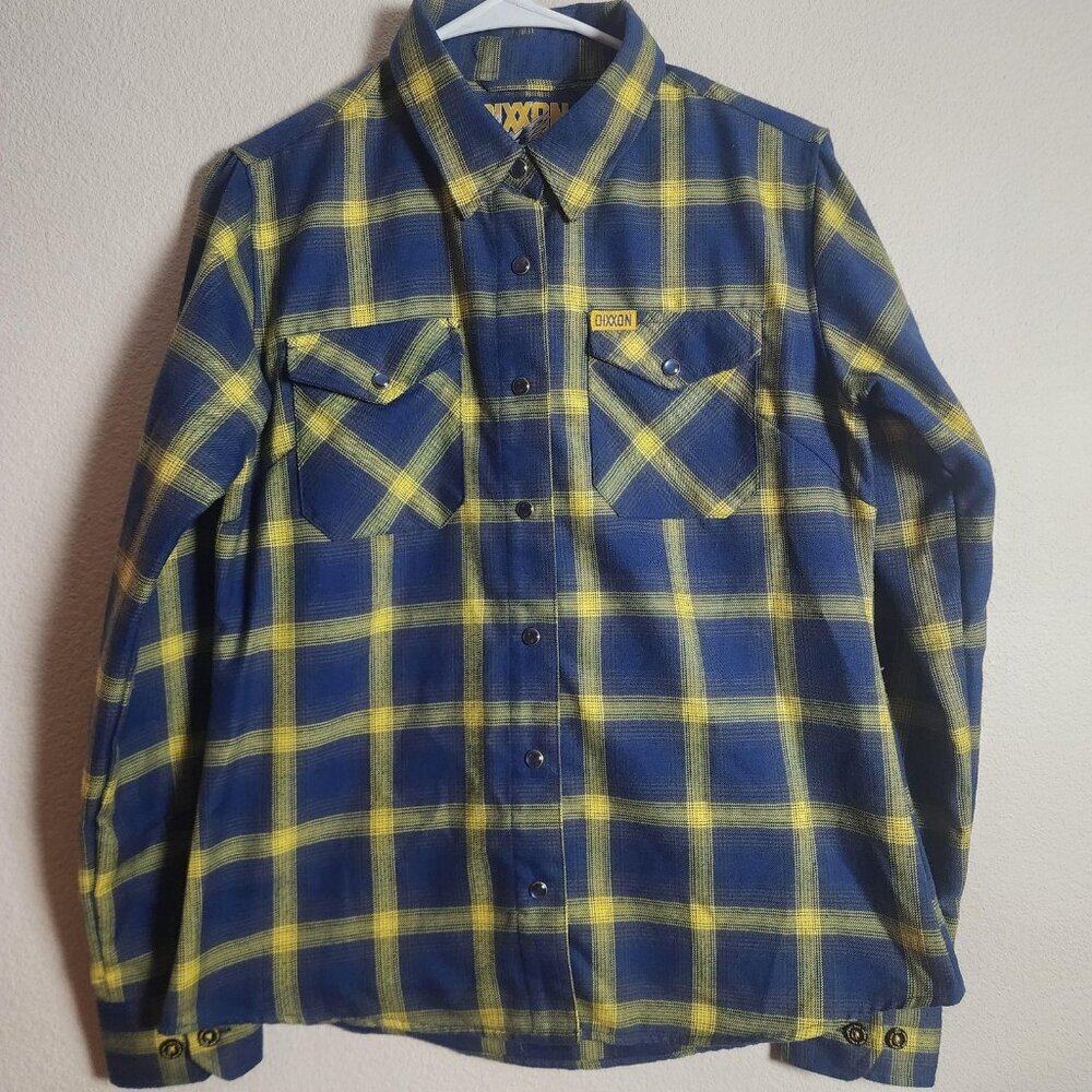 Dixxon Flannel Shirt Womens Medium Blue Yellow Plaid Snap Front D-Tech Aim High